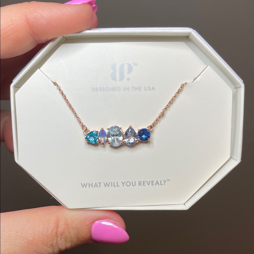 Rose Gold Bar Necklace with Blue Multi-Stone Accents